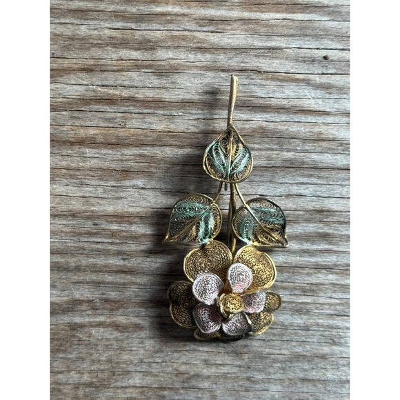 Vintage Gold Tone 800 Silver Flower Brooch Pin with Intricate Filigree Design - Picture 2 of 7